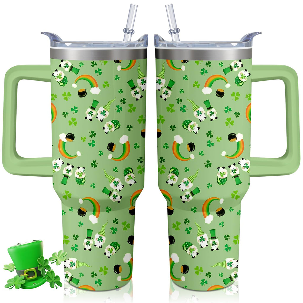 Kearscupra 40oz St Patricks Day Tumbler with Handle and Straw Green Irish Shamrocks Gnome Stainless Steel Vacuum Insulated Cup Travel Mug Water Bottle Gifts for Women Men