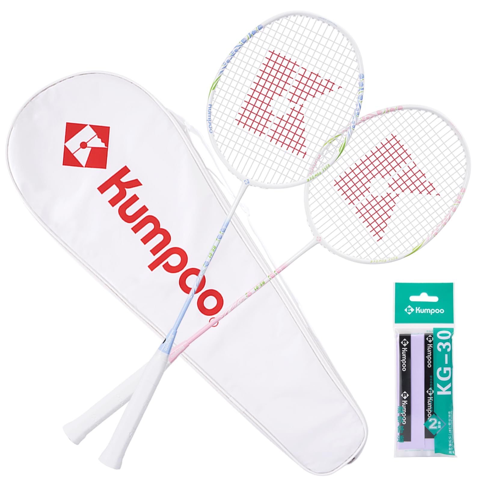 KUMPOO Badminton Set of 2 Carbon Fiber Rackets 1 Racket Grip Tapes 1 Badminton Bag Pink Badminton Rackets Professional for Beginner Trainning Outdoor Games RS-01