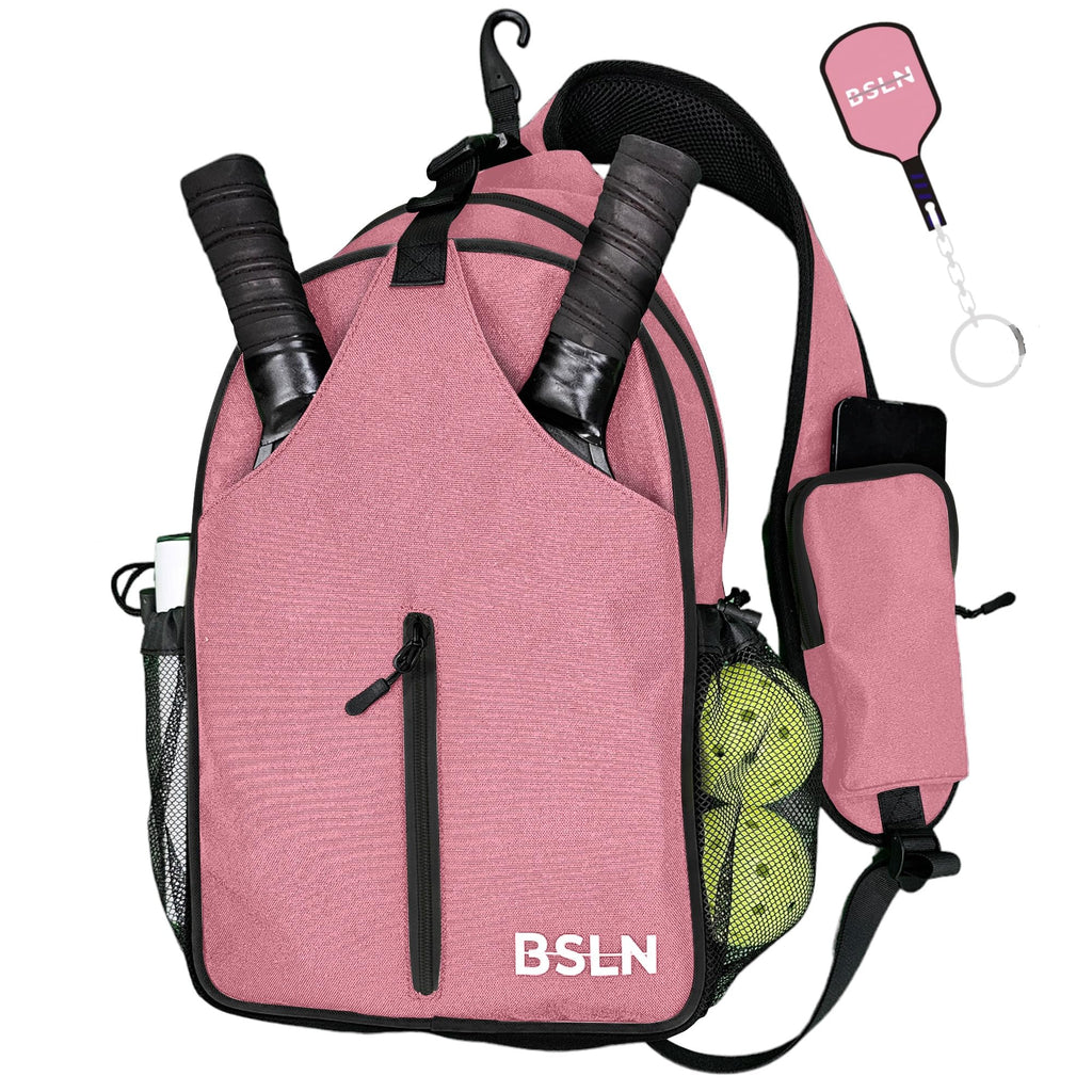 BSLN Pickleball Bag - Pickleball Bags for Women Men Crossbody Sports Backpack – Adjustable Sling Bag with Hanging Fence Hook(Pink)
