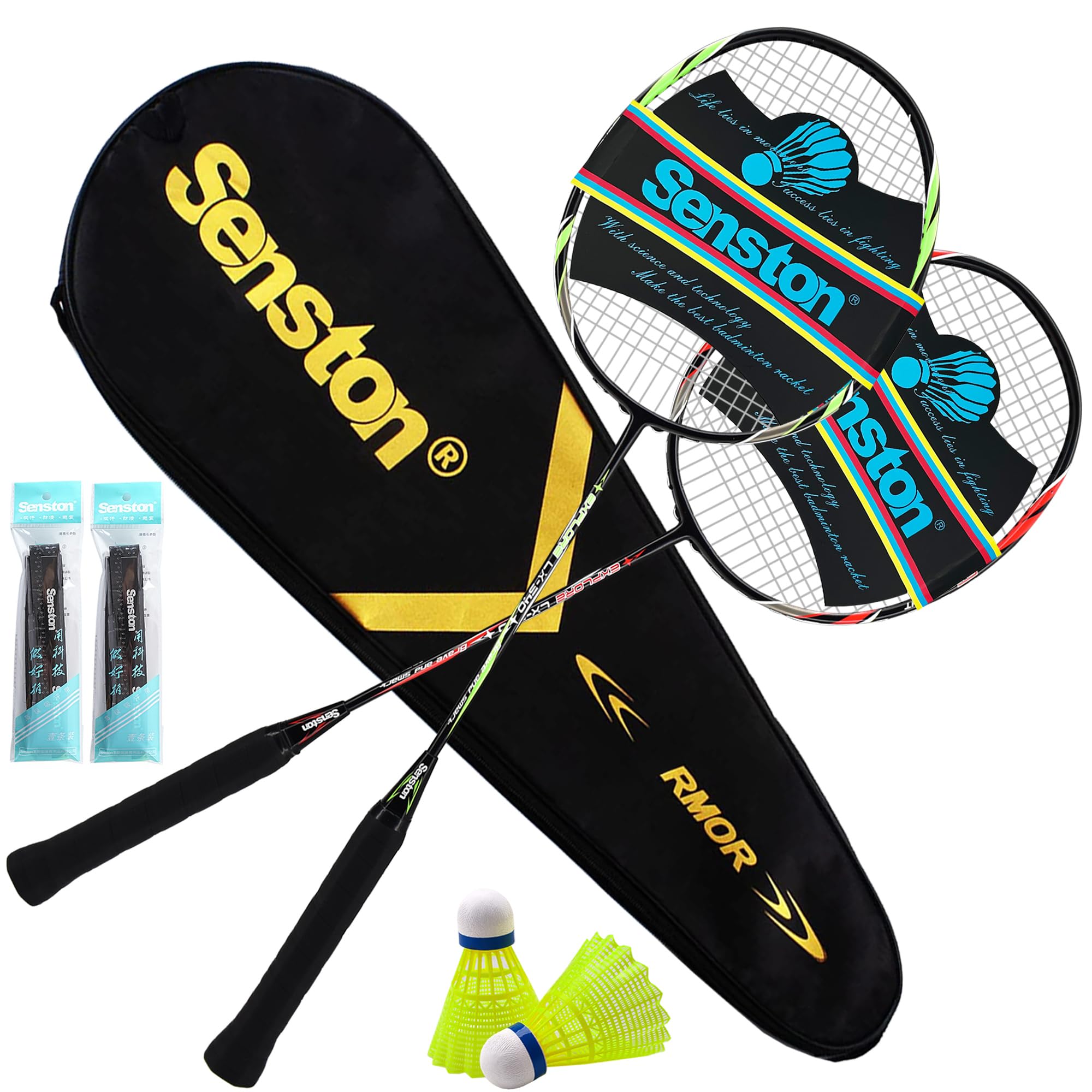 Senston Badminton Set Graphite Shaft Badminton Racket 2 Pack Badminton Racquets with 2 Shuttlecocks - Perfect for Beginners & Outdoor Games
