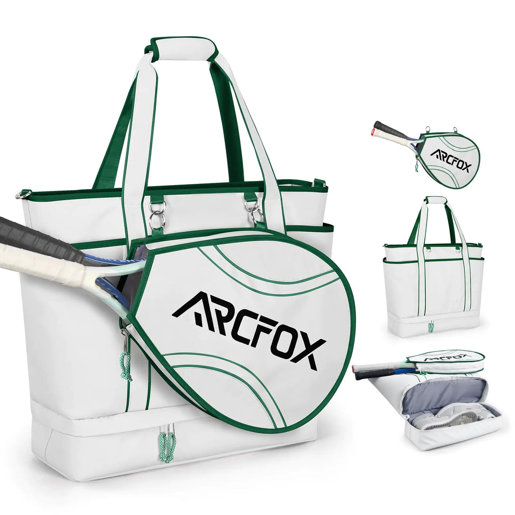 ARCFOX Tennis Tote Bags for Women: Fits 3 Tennis Rackets with Separate Shoe Compartment - Large Tennis Tote Multi-pocket White for Female Beginners Tennis Enthusiasts