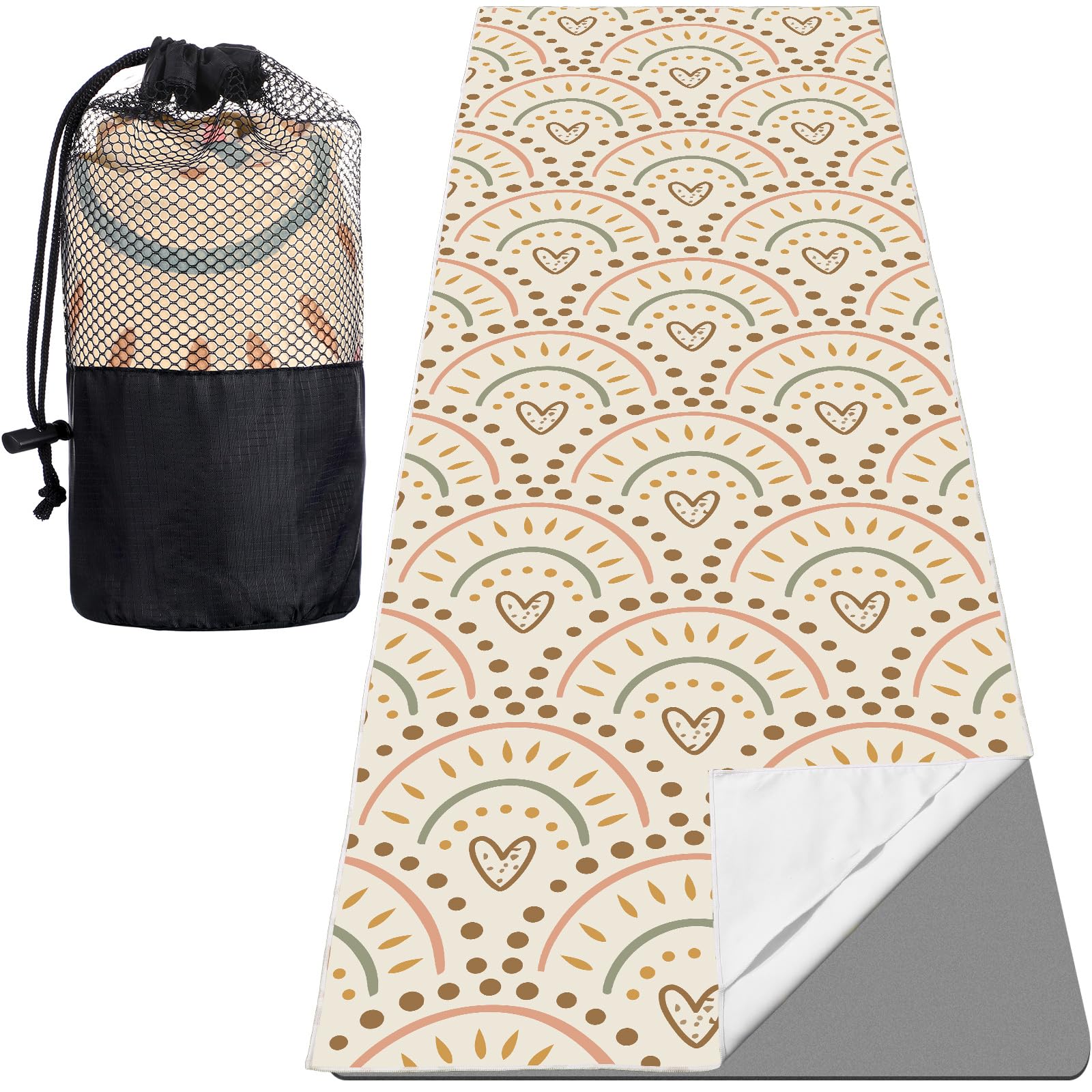 Bulyoou Non Slip Yoga Mat Towel with 4 Corner Pockets with Travel Bag Sweat Absorbent Microfiber Hot Yoga Mat Towel Grip Soft Yoga Blanket for Hot Yoga Pilates Workout Gym 74"x25"(Boho)