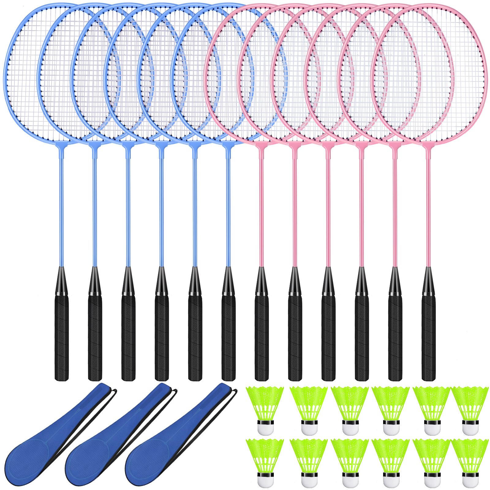 Chitidr 12 Pack Badminton Rackets Set Including Rackets Nylon Shuttlecocks and Carry Bag for Outdoor Backyard Games Beginners(Light Pink Light Blue)