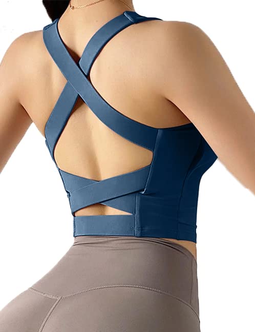 Womens Strappy Sports Bra Criss Cross Back Crop Tank Top Padded Fitness Workout Tops Longline Yoga Bras