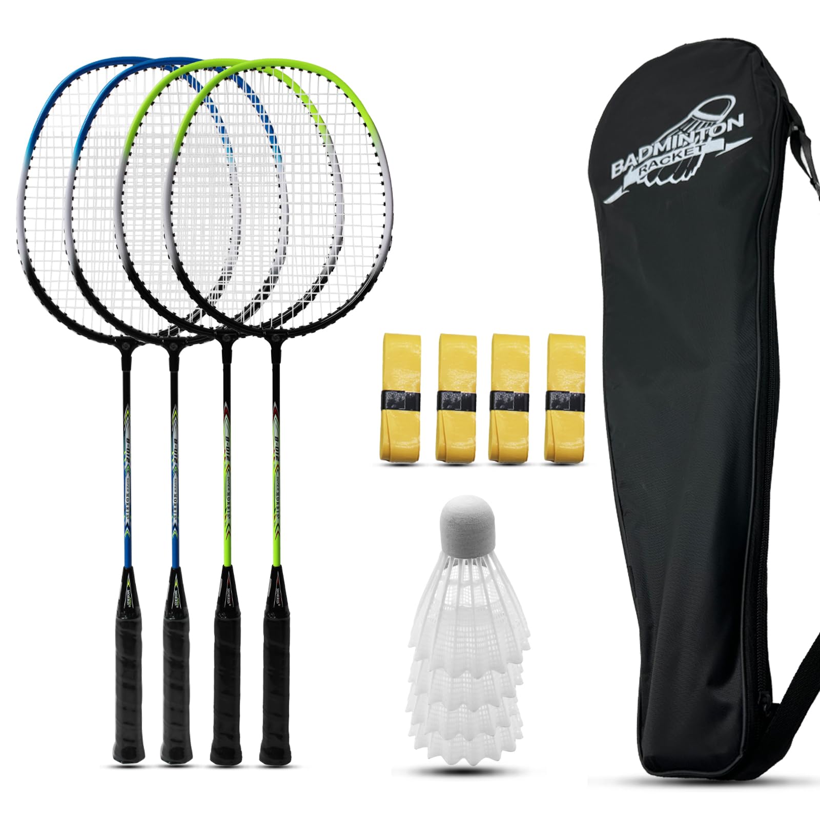 Magicorange Badminton Rackets Set of 4 for Outdoor Backyard Games Including 4 Racquets4 Shuttlecocks 4 Replacement Grip Tapes & 1 Carry Bag (Blue+Green)