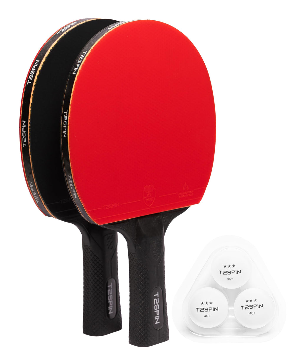 T2SPin Ping Pong Paddles Set of 2 with 3 Balls- Hi-Performance Table Tennis Paddles - 3 x Ping Pong Balls - Ping Pong Set for All Players - T2 EnduroGrip - Extra Comfortable Grip - Red & Black Rubber