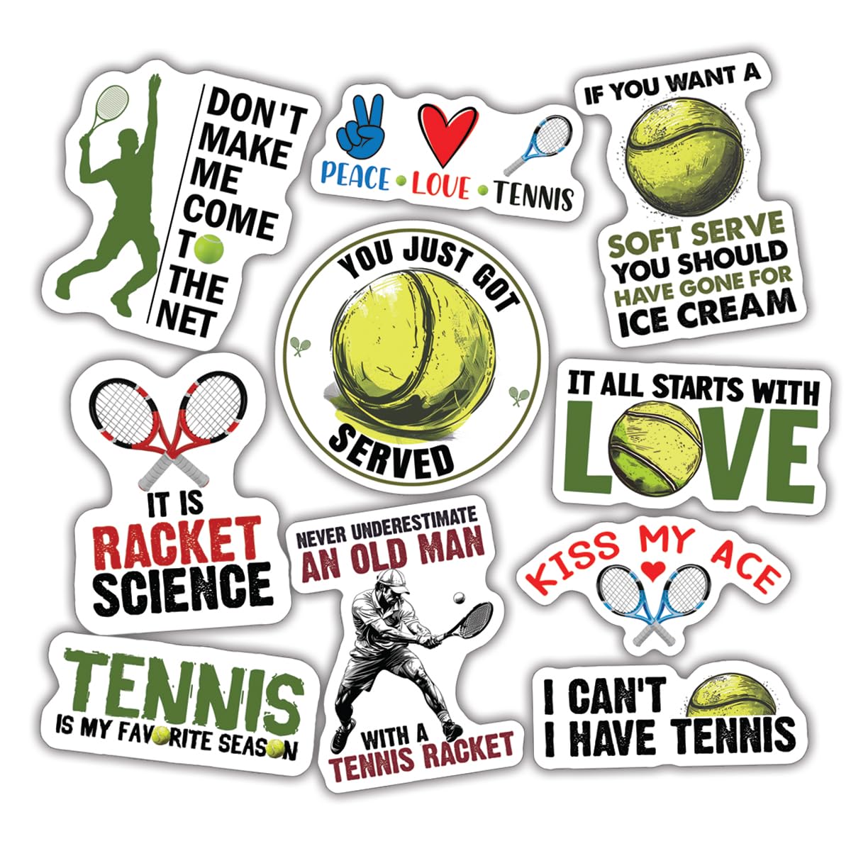 (10pcs) Tennis Stickers Funny Tennis Sports Tennis Gift Tennis Ball Stickers Funny Gifts Multiple Different Design Waterproof UV- Resistant Suitable for Tumbler Laptop Car Truck