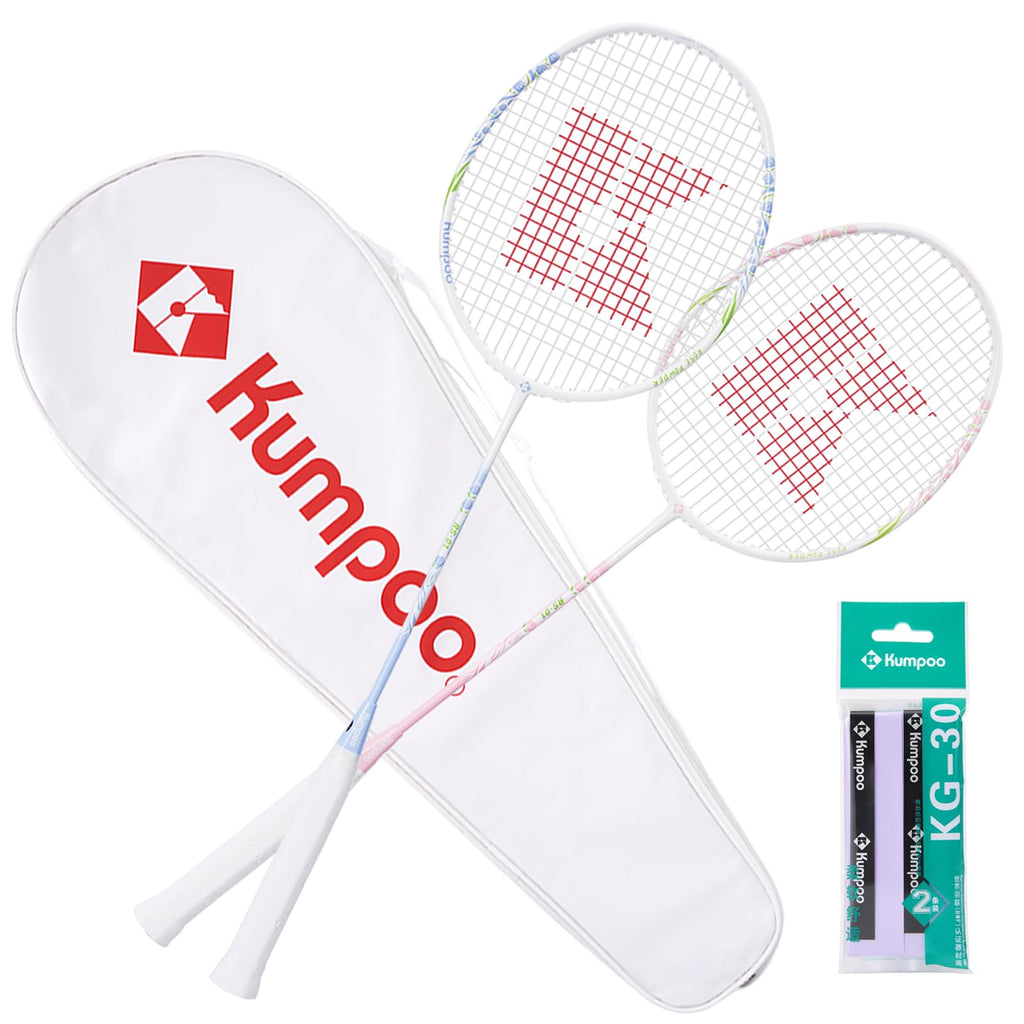 KUMPOO Badminton Set of 2 Carbon Fiber Rackets 1 Racket Grip Tapes 1 Badminton Bag Pink Badminton Rackets Professional for Beginner Trainning Outdoor Games RS-01