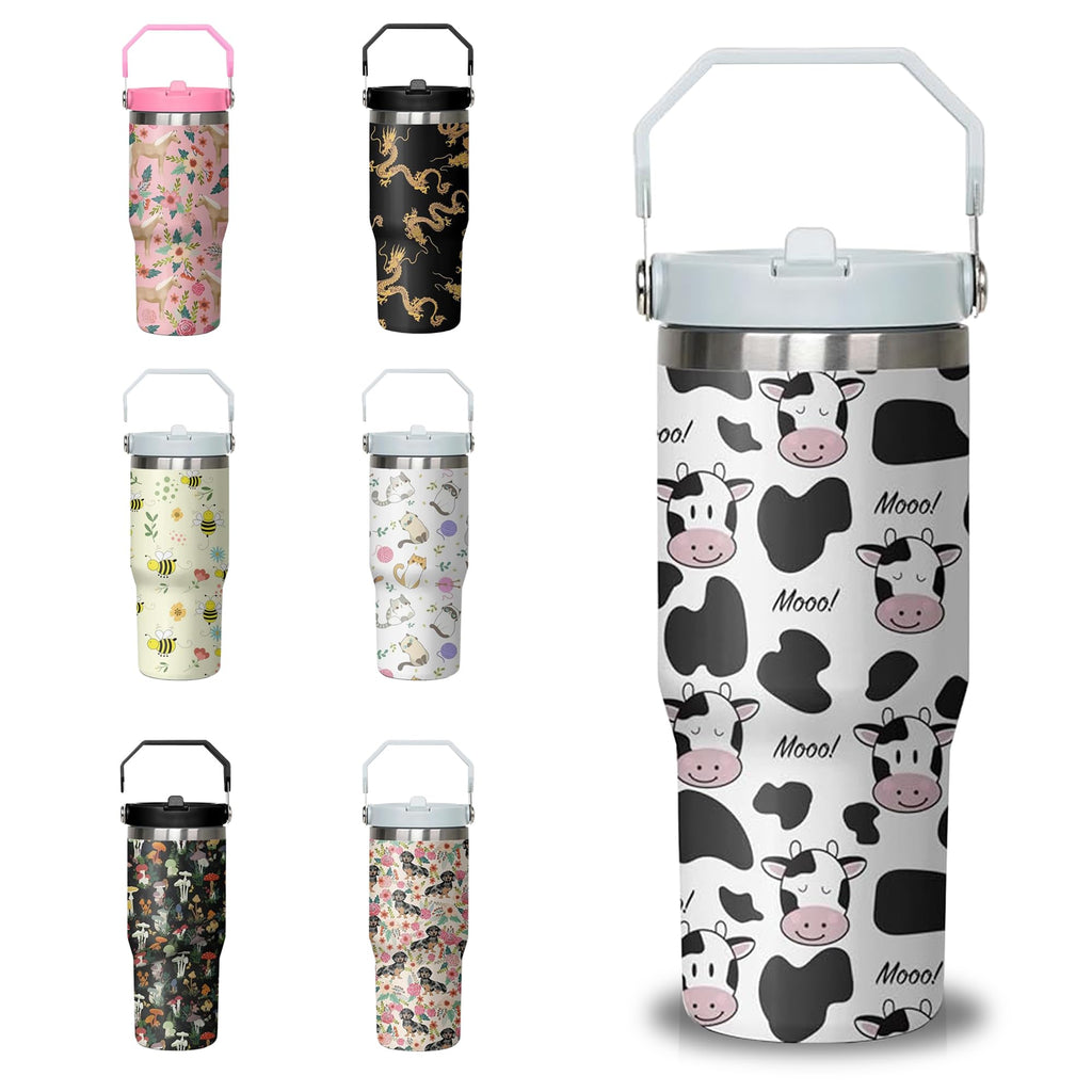 30 oz Cow Travel Tumbler with Handle and Flip Straw Stainless Steel Insulated Cup with Lid and StrawTravel Coffee Mug Water BottleChristmas Birthday Mothers Day Gifts for Women Animal Lovers