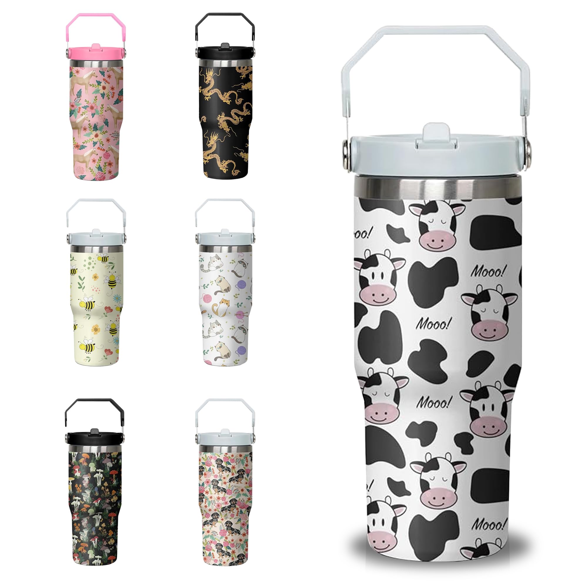 30 oz Cow Travel Tumbler with Handle and Flip Straw Stainless Steel Insulated Cup with Lid and StrawTravel Coffee Mug Water BottleChristmas Birthday Mothers Day Gifts for Women Animal Lovers