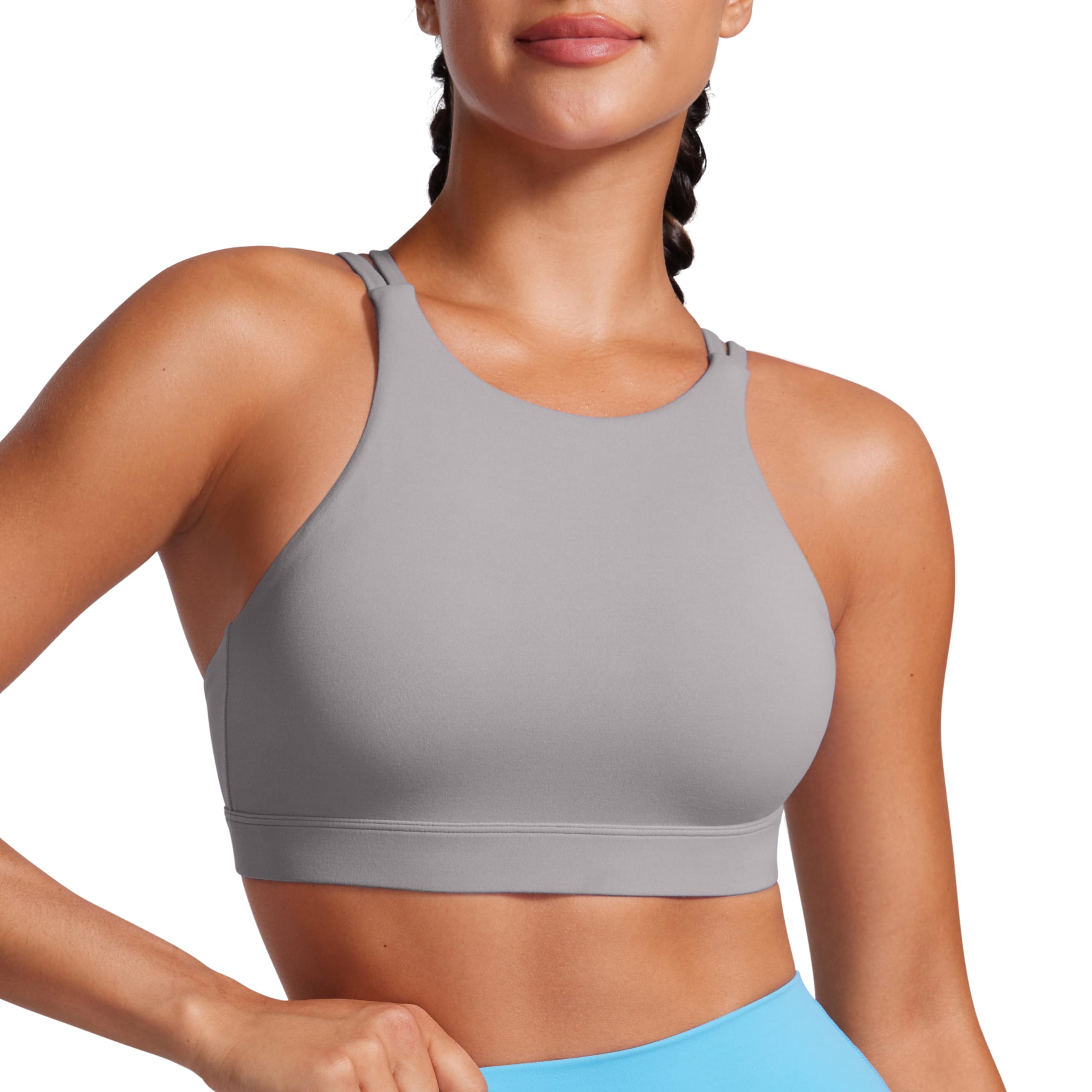 CRZ YOGA Womens Butterluxe High Neck Longline Sports Bras - Criss Cross Wireless Yoga Bra Padded Workout Crop Top Gull Gray Large