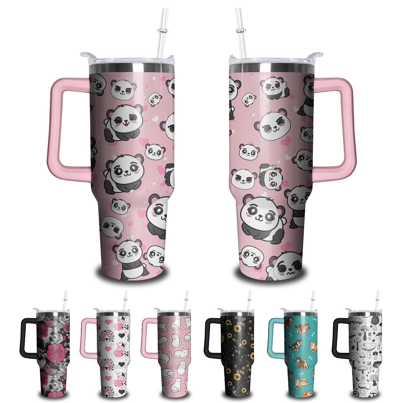 Kearscupra 40oz Cute Panda Tumbler with Handle and Straw Stainless Steel Insulated Cup with Lid and Straw Travel Coffee Mug Water Bottle Birthday Mothers Day Gifts for Women Men Animal Lovers