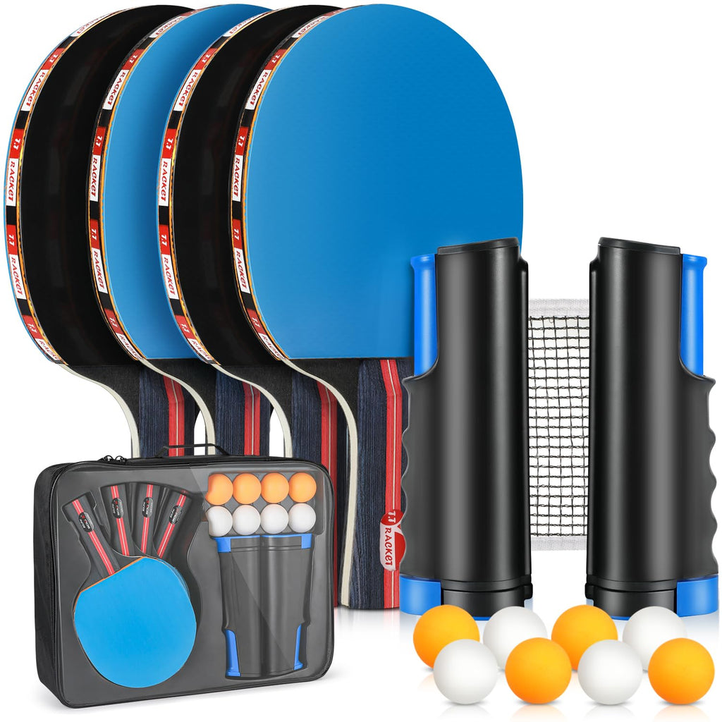 Ping Pong Paddles Set 4 Table Tennis Paddles8 BallsRetractable Ping Pong Net Ideal Indoor Table Tennis Set Perfect for Professional and Recreational Games(Blue)