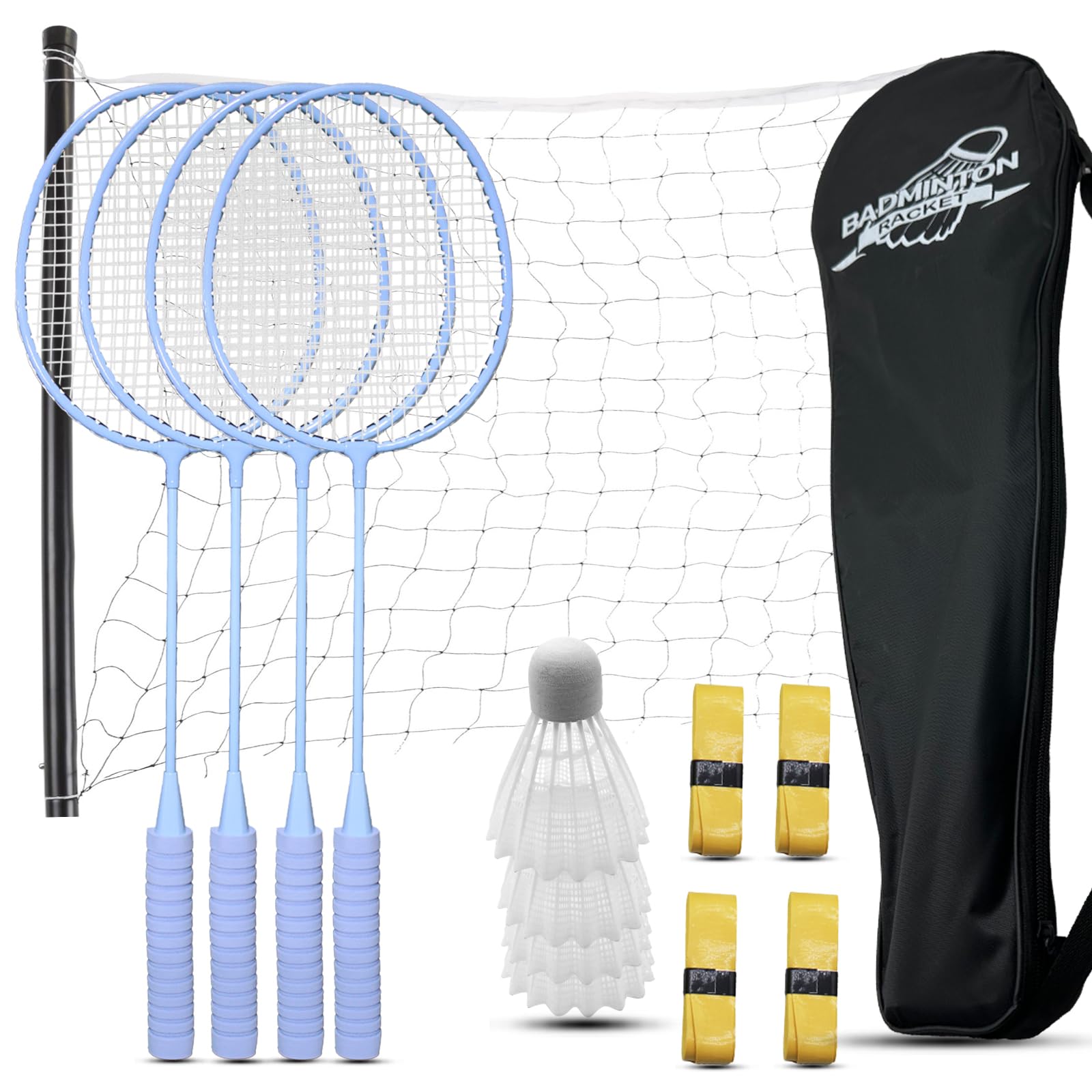 Magicorange Badminton Rackets Set of 5 for Outdoor Backyard Games Including 4 Racquets4 Shuttlecocks 4 Replacement Grip Tapes1 Badminton net & 1 Carry Bag (Purple)