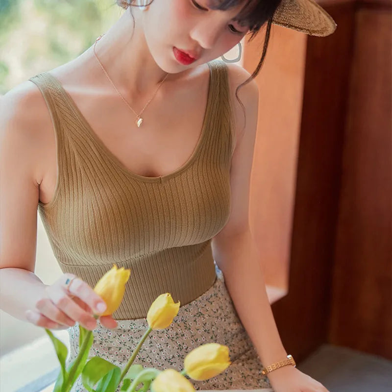 Women Tank Tops Sports Crop Top Solid Color Female V-Neck Camis Tee Women Sexy Short Tops Summer Padded Camisole