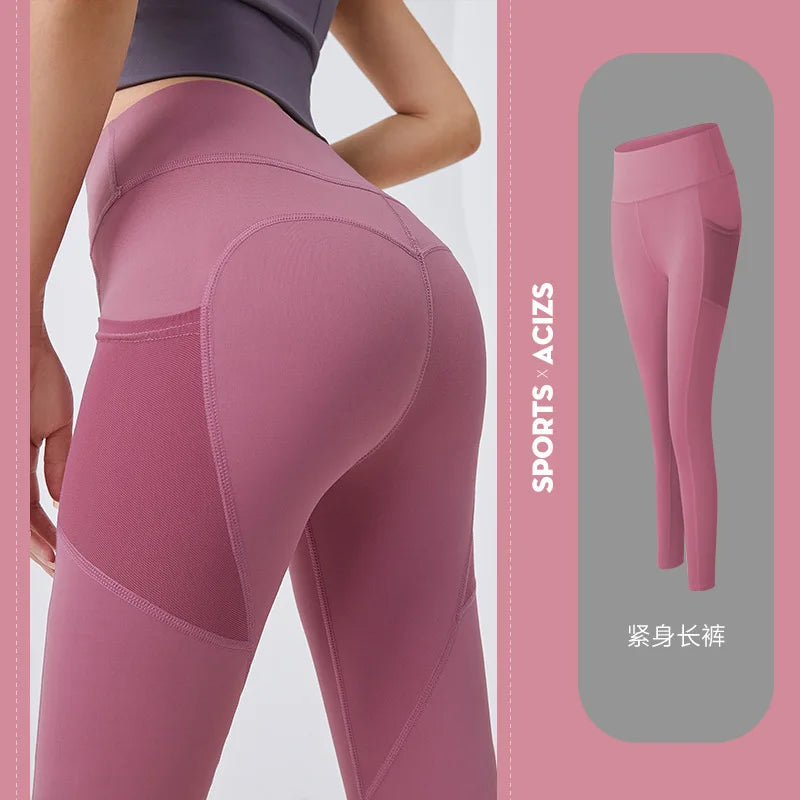Yoga Pants Pockets Hip-lifting Bottoming Quick-drying Yoga Clothes Breathable Stretch Mesh Side Pockets Running Fitness Pants