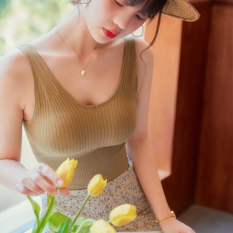 Women Tank Tops Sports Crop Top Solid Color Female V-Neck Camis Tee Women Sexy Short Tops Summer Padded Camisole