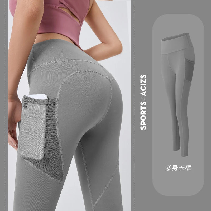 Yoga Pants Pockets Hip-lifting Bottoming Quick-drying Yoga Clothes Breathable Stretch Mesh Side Pockets Running Fitness Pants