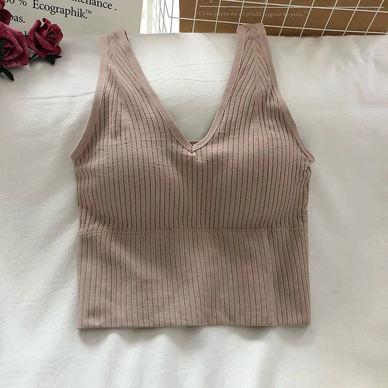 Women Tank Tops Sports Crop Top Solid Color Female V-Neck Camis Tee Women Sexy Short Tops Summer Padded Camisole