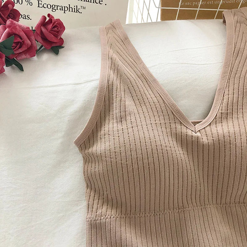 Women Tank Tops Sports Crop Top Solid Color Female V-Neck Camis Tee Women Sexy Short Tops Summer Padded Camisole