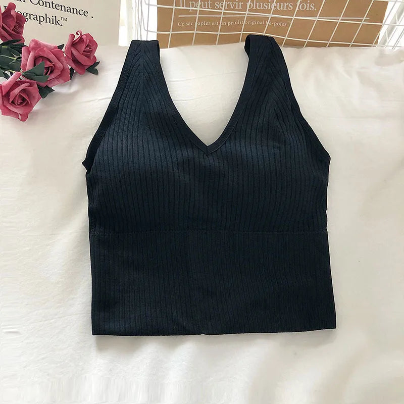 Women Tank Tops Sports Crop Top Solid Color Female V-Neck Camis Tee Women Sexy Short Tops Summer Padded Camisole