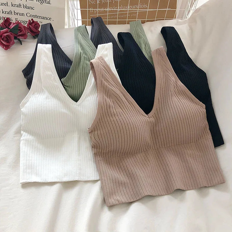 Women Tank Tops Sports Crop Top Solid Color Female V-Neck Camis Tee Women Sexy Short Tops Summer Padded Camisole