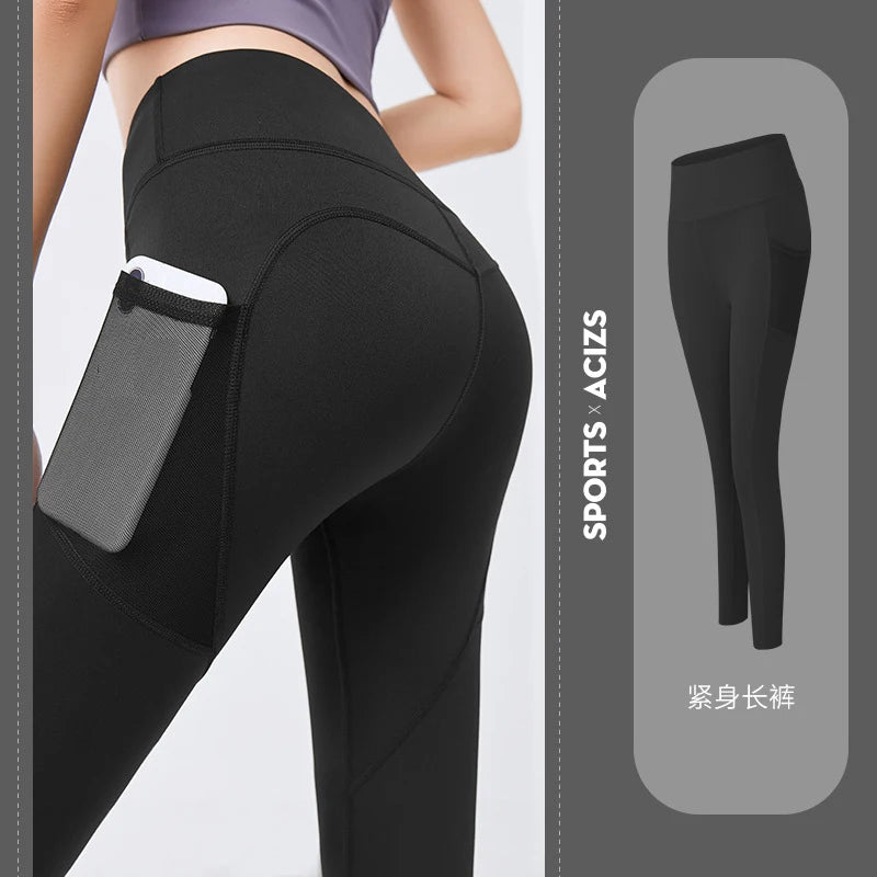 Yoga Pants Pockets Hip-lifting Bottoming Quick-drying Yoga Clothes Breathable Stretch Mesh Side Pockets Running Fitness Pants