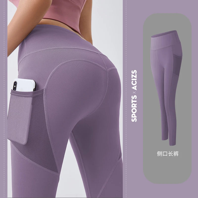 Yoga Pants Pockets Hip-lifting Bottoming Quick-drying Yoga Clothes Breathable Stretch Mesh Side Pockets Running Fitness Pants