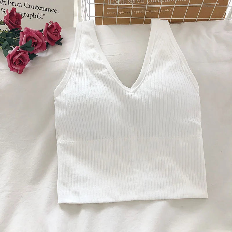 Women Tank Tops Sports Crop Top Solid Color Female V-Neck Camis Tee Women Sexy Short Tops Summer Padded Camisole