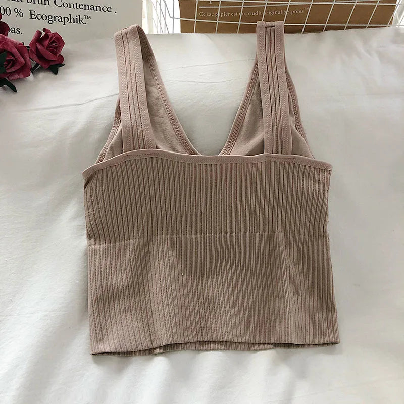 Women Tank Tops Sports Crop Top Solid Color Female V-Neck Camis Tee Women Sexy Short Tops Summer Padded Camisole