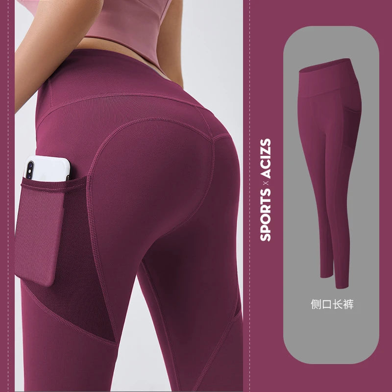Yoga Pants Pockets Hip-lifting Bottoming Quick-drying Yoga Clothes Breathable Stretch Mesh Side Pockets Running Fitness Pants