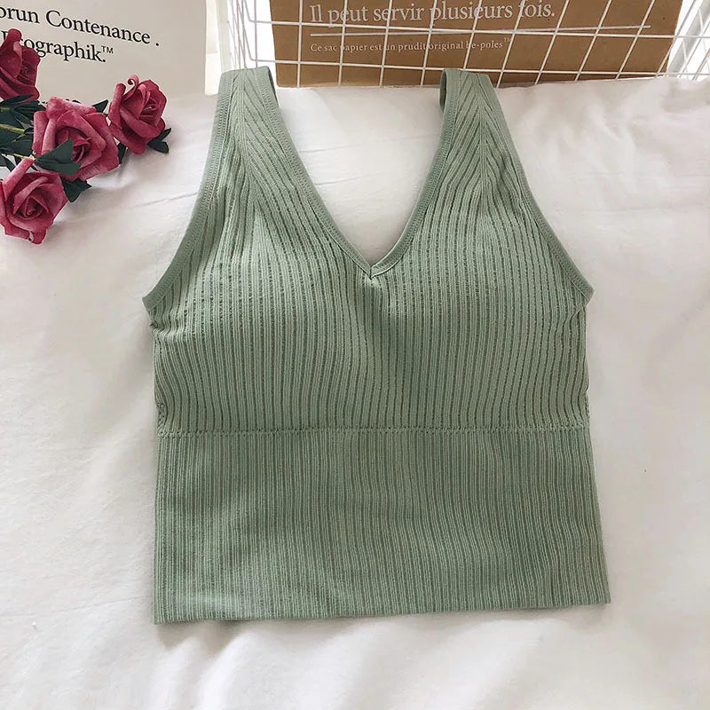 Women Tank Tops Sports Crop Top Solid Color Female V-Neck Camis Tee Women Sexy Short Tops Summer Padded Camisole