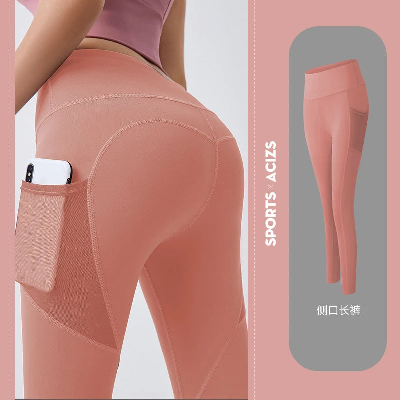 Yoga Pants Pockets Hip-lifting Bottoming Quick-drying Yoga Clothes Breathable Stretch Mesh Side Pockets Running Fitness Pants