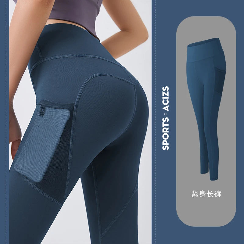 Yoga Pants Pockets Hip-lifting Bottoming Quick-drying Yoga Clothes Breathable Stretch Mesh Side Pockets Running Fitness Pants
