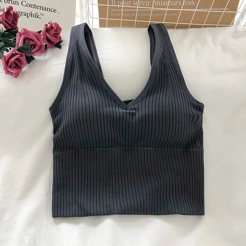 Women Tank Tops Sports Crop Top Solid Color Female V-Neck Camis Tee Women Sexy Short Tops Summer Padded Camisole