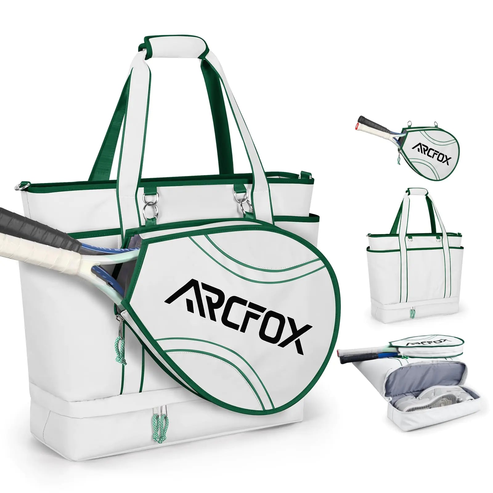 ARCFOX Tennis Tote Bags for Women: Fits 3 Tennis Rackets with Separate Shoe Compartment - Large Tennis Tote Multi-pocket White for Female Beginners Tennis Enthusiasts