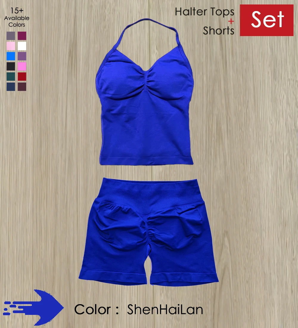 Yoga 2 Pieces Gym Set Women Backless Halter Tops High Waist Seamless Shorts Gym Suit Fitness Sports Bras Sportswear Workout Sets