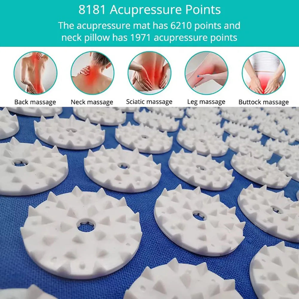 Massager pillow, massage mat for Yoga acupressure relieves pain stress, back, body pain, tip mat, acupuncture mat and pillow set