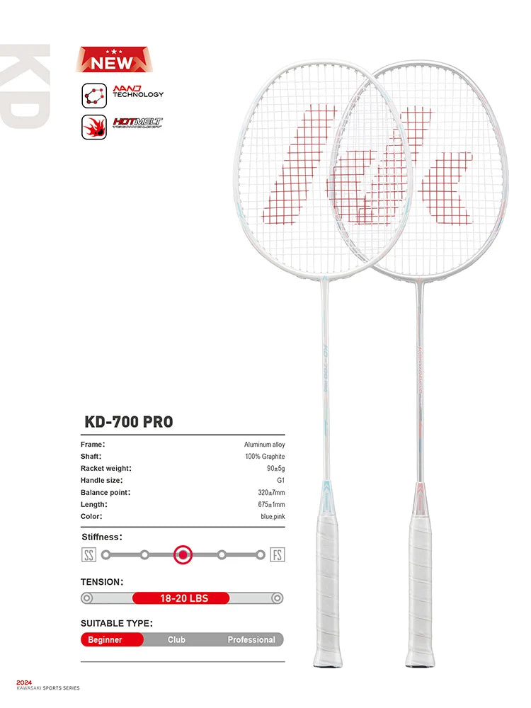 Kawasaki Badminton Rackets KD-700 PRO 2pcs/set With Badminton Bag + 2 Overgrips Badminton Complete Set For Badminton Practice