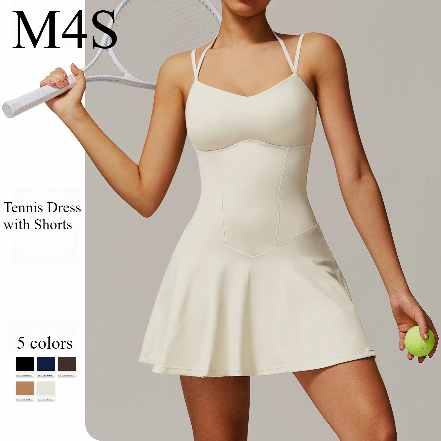 Tennis Dress with Shorts Underneath Pockets Strap Dress Sporting Tennis Outfit Women Gold Wear Sport Dresses Badminton Clothing