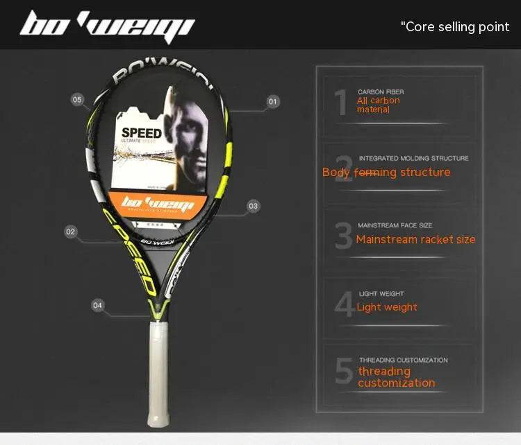 Popovich-Genuine Carbon Fiber All Carbon Single Tennis Racket Set for Men and Women, Professional Beginner