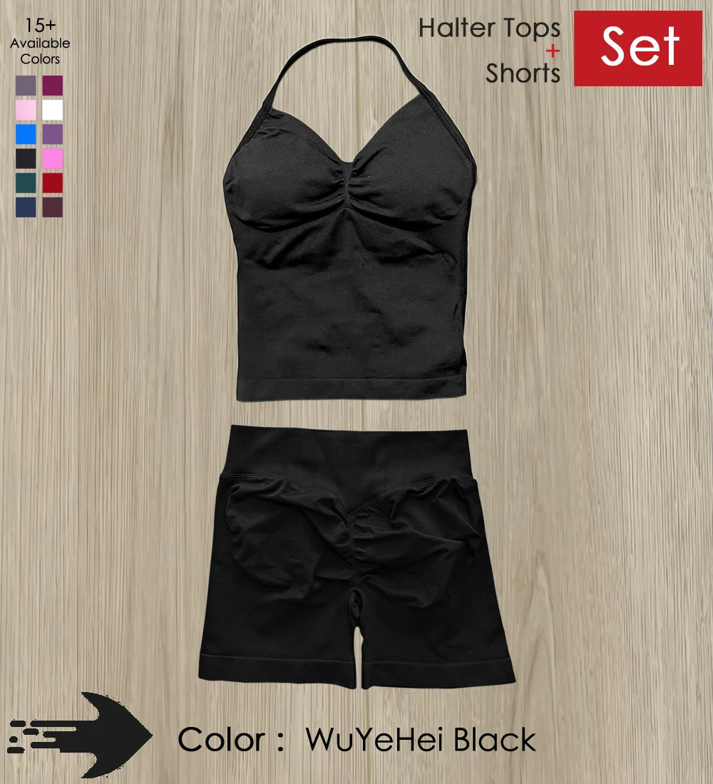 Yoga 2 Pieces Gym Set Women Backless Halter Tops High Waist Seamless Shorts Gym Suit Fitness Sports Bras Sportswear Workout Sets