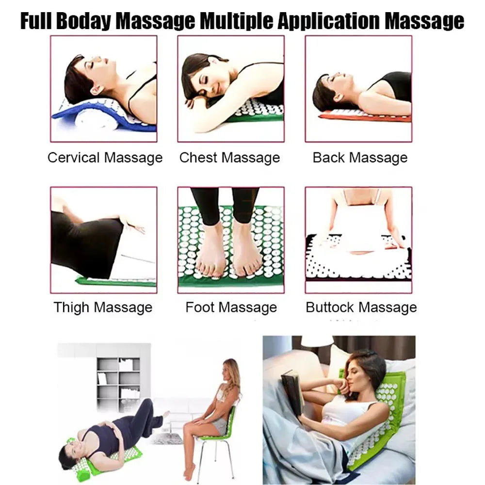 Massager pillow, massage mat for Yoga acupressure relieves pain stress, back, body pain, tip mat, acupuncture mat and pillow set