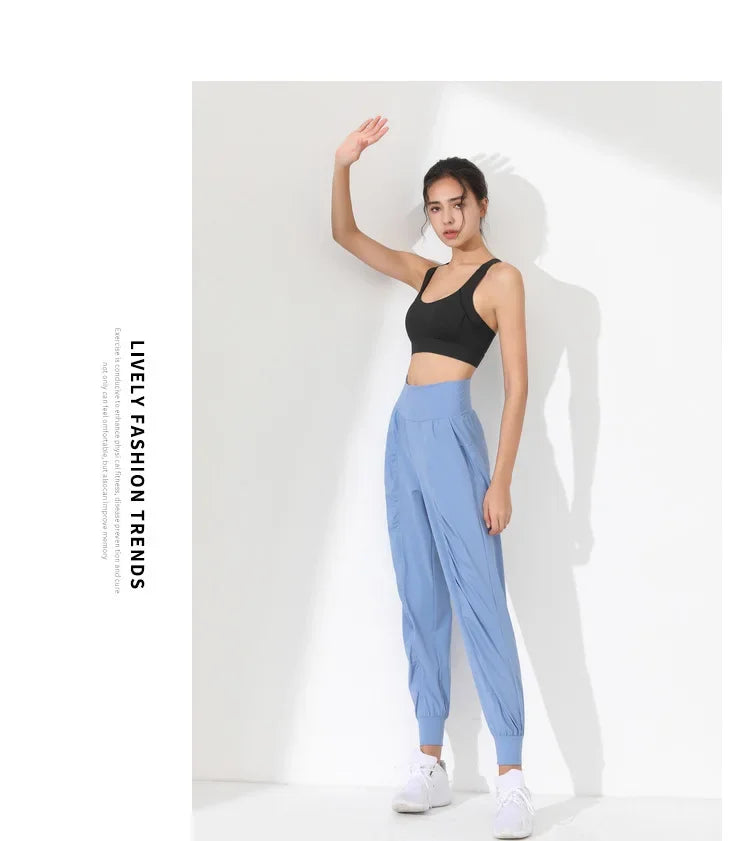 Yoga Pants Loose Slim Quick-Dry Yoga Pants Pleated Hem Bound Running Fitness Capris Pockets Jogging Pants Woman
