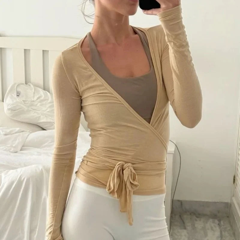 Women's Yoga Shirts Wrap Ruched Tie Front Long Sleeve Workout T Shirts Sexy Deep V Neck Slim Fit Casual Cropped Top