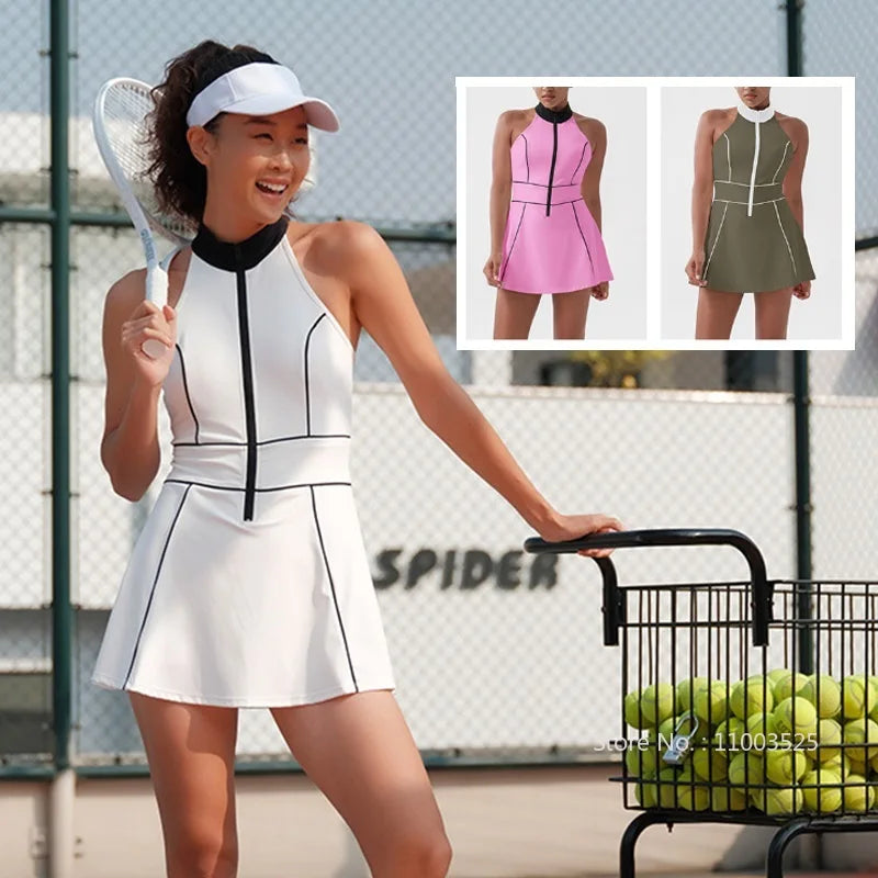 Women Tennis Dress with Shorts Contrast Color Gym Sports Dresses Zipper Stand Collar Yoga Casual Skirt Workout Athletic Skort