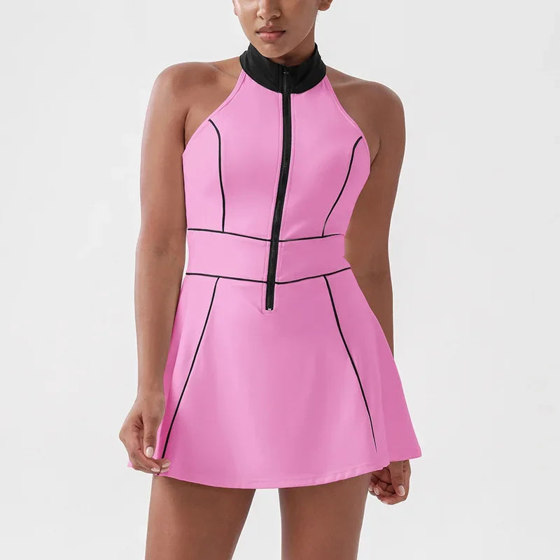 Women Tennis Dress with Shorts Contrast Color Gym Sports Dresses Zipper Stand Collar Yoga Casual Skirt Workout Athletic Skort