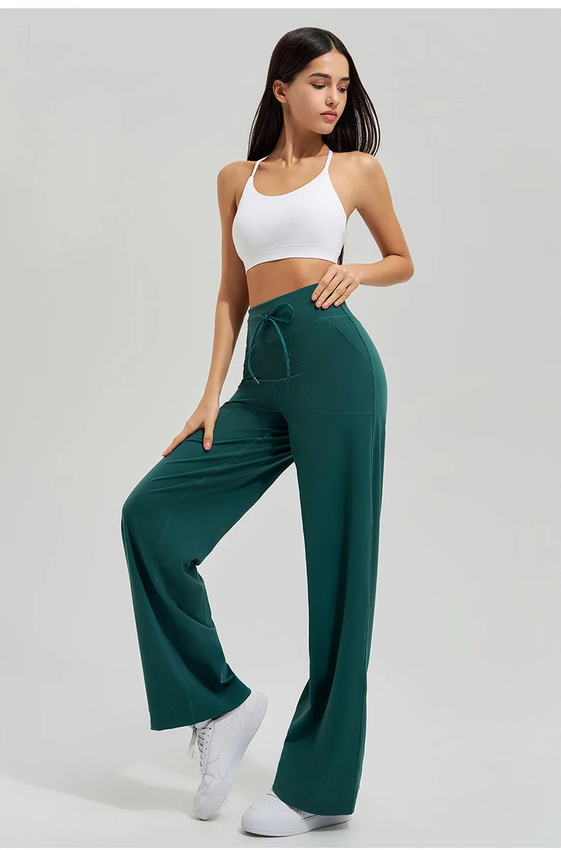 Women High Waist Yoga Pants Solid Color Loose Wide Leg Flared Trousers Breathable Quick Dry Gym Pants Female Workout Clothes
