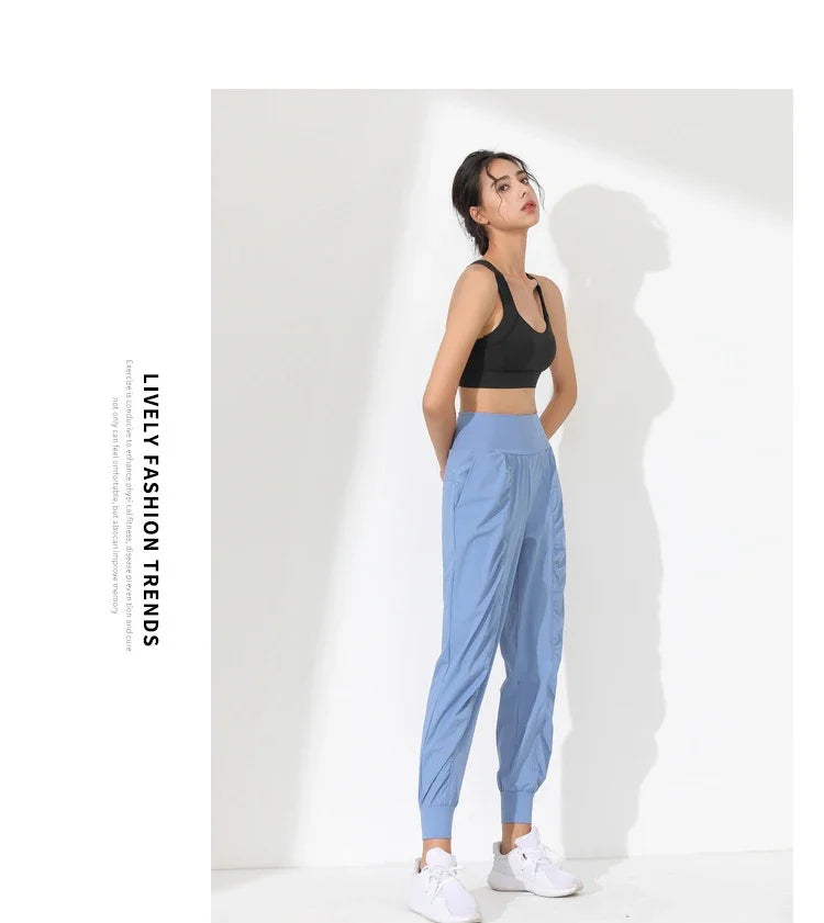 Yoga Pants Loose Slim Quick-Dry Yoga Pants Pleated Hem Bound Running Fitness Capris Pockets Jogging Pants Woman