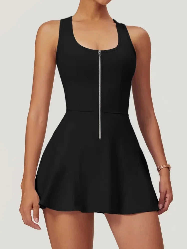 Women Tennis Dress with Short Zipper Anti emptied Stretchy Sports Skirt Wear for Fitness Gym Yoga Golf Badminton Clothing Set